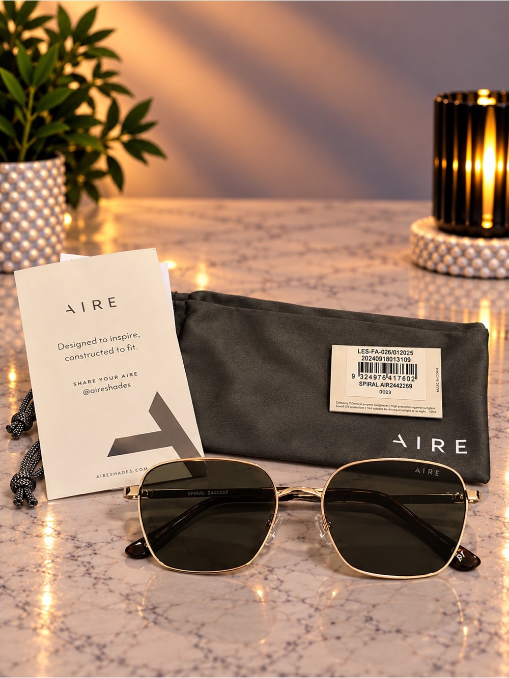 AIRE Spiral Gold Aviator Sunglasses – New With Tags + Pouch